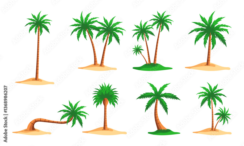 Obraz premium A collection of vibrant tropical palm trees in various shapes and sizes, set on sandy islands and grassy mounds. This high-quality vector-style illustration is perfect for beach-themed designs.