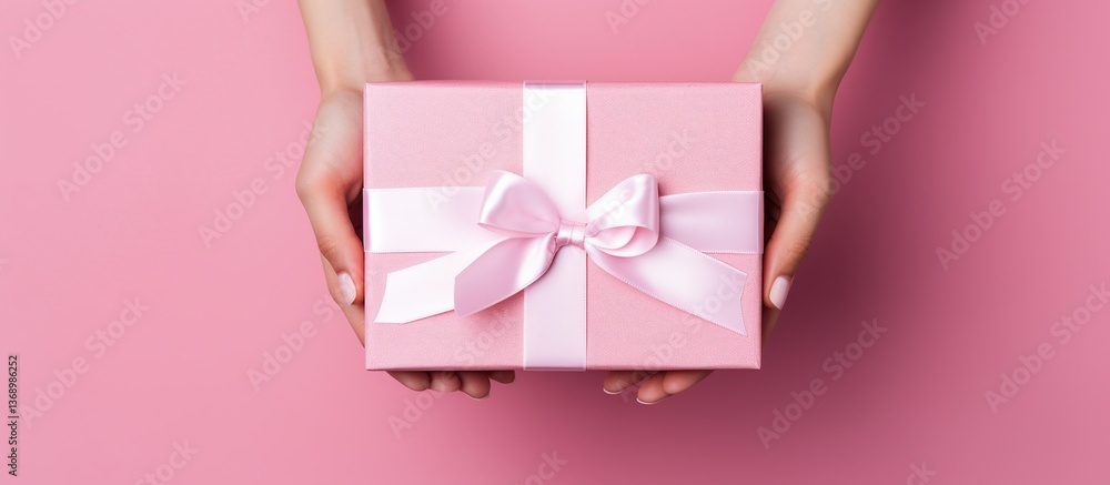 Pink Gift Box with Ribbon Held by Hands Pink Gift Box with Ribbon Held by Hands