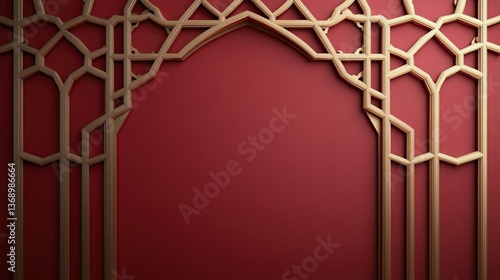 Ornate golden architectural design on a rich red background