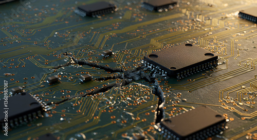 Wallpaper Mural Detailed close-up reveals cracks on a damaged computer circuit board surface Torontodigital.ca