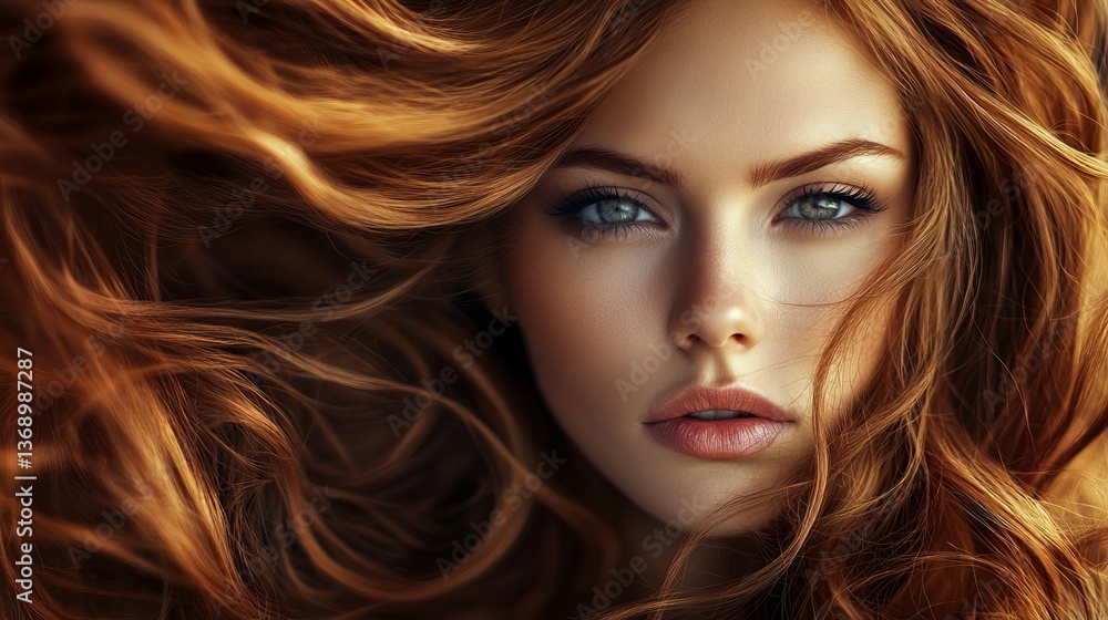 Fototapeta premium Beautiful woman with red hair portrait close up fashion model with striking blue eyes and flawless skin tone