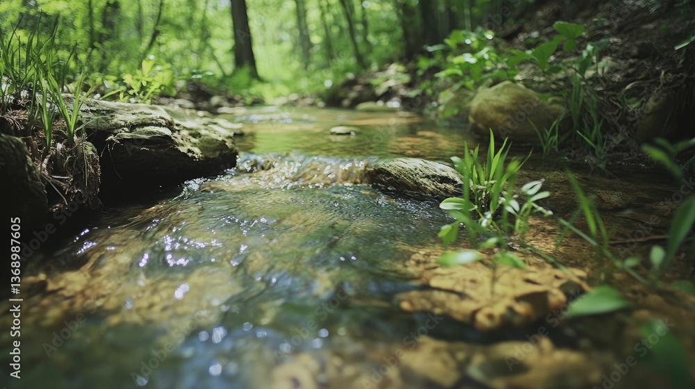 Forest stream flows over rocks, lush greenery. Forest stream flows over rocks, lush greenery.