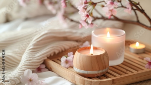 Wooden and Glass Candles with Pink Flowers on a Bamboo Tray