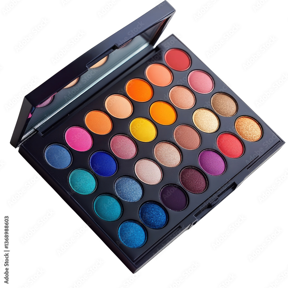 A vibrant eyeshadow palette bursting with color, ready to unleash your inner artist, showcasing a spectrum of rich hues and shimmering shades in a sleek, black case. A vibrant eyeshadow palette bursting with color, ready to unleash your inner artist, showcasing a spectrum of rich hues and shimmering shades in a sleek, black case.