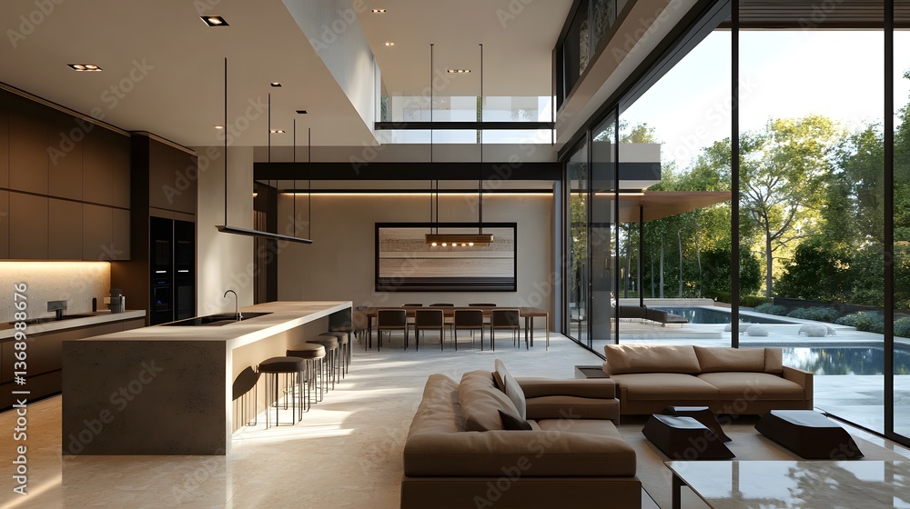 Fototapeta premium Luxurious modern living space with an open concept, inviting natural light and a serene view of the outdoors near a tranquil swimming pool