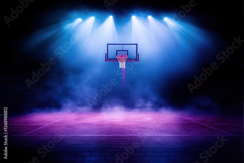 Basketball hoop in colorful spotlight	