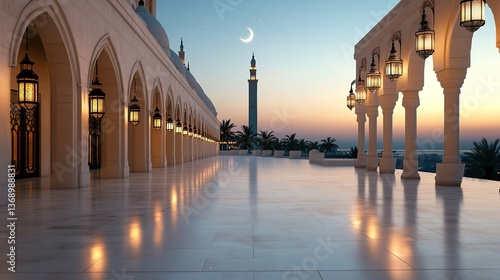 Serene twilight scene of a mosque courtyard with elegant arches and lanterns