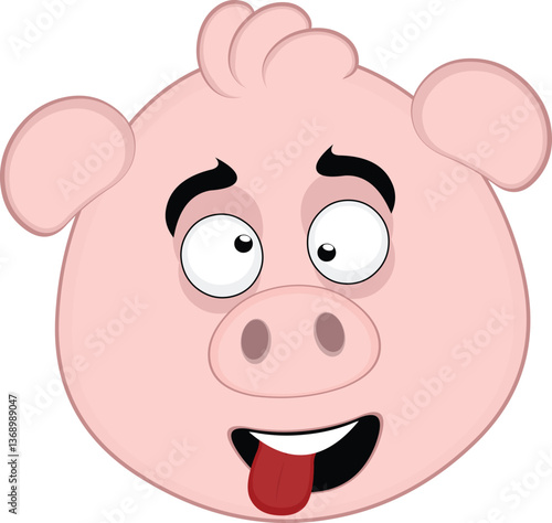 vector illustration emoji character face pig cartoon, making crazy and funny expression, with squinty eyes and tongue sticking out