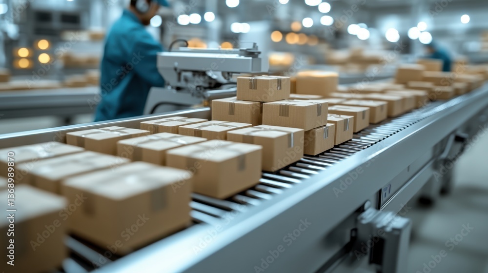 Obraz premium Conveyor belt with packages in distribution center 