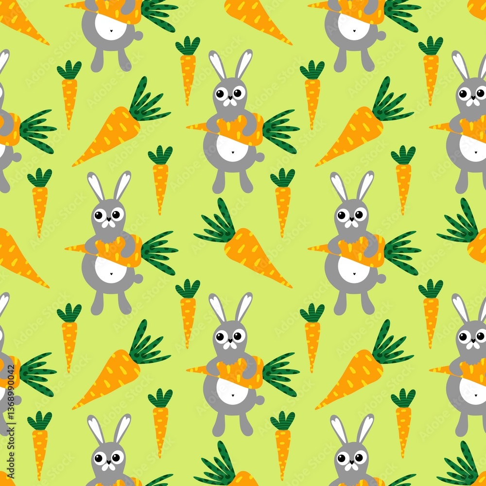 Naklejka premium Cute cartoon rabbit and carrot seamless spring pattern for kids clothes print and wrapping paper and fabrics