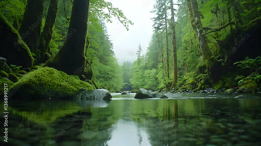 Obraz premium Serene Green Forest Scene with River Reflecting Trees and Sky Under Cloudy Day
