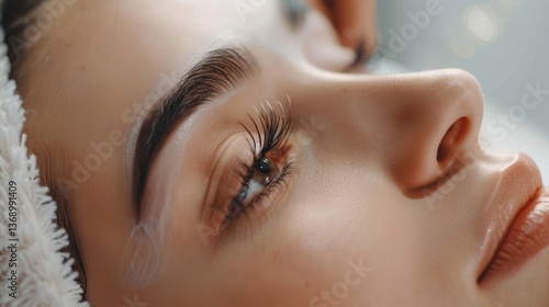 Close-up of a Woman's Eye and Nose During a Beauty Treatment