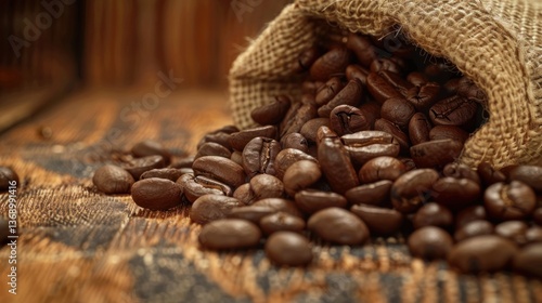 Richly Roasted Coffee Beans Spilling from a Burlap Sack on a Rustic Wooden Surface Ideal for C