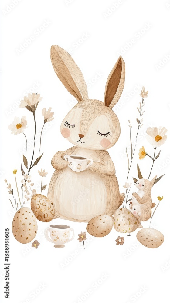 Obraz premium Cute easter bunny with tea and eggs among flowers