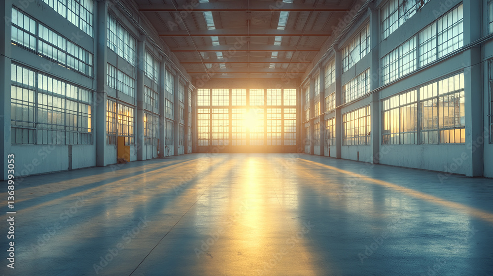 Clean factory hall with aligned tools under bright sunlight Clean factory hall with aligned tools under bright sunlight