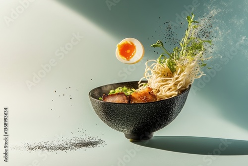 Artistic ramen bowl with noodles, egg, and pork in mid-air