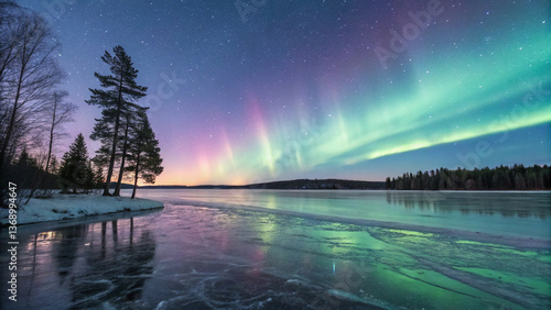 Wallpaper Mural Frozen Lake Under a Northern Lights Display – A breathtaking Arctic scene with a frozen lake reflecting the colorful aurora borealis in the night sky. Torontodigital.ca