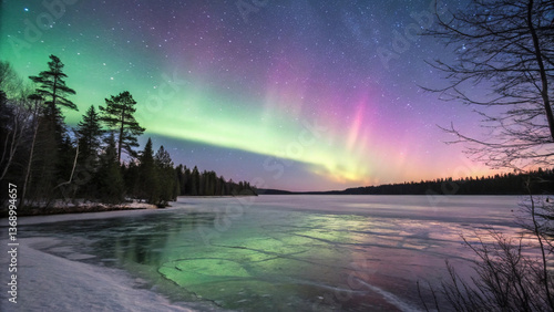 Wallpaper Mural Frozen Lake Under a Northern Lights Display – A breathtaking Arctic scene with a frozen lake reflecting the colorful aurora borealis in the night sky. Torontodigital.ca