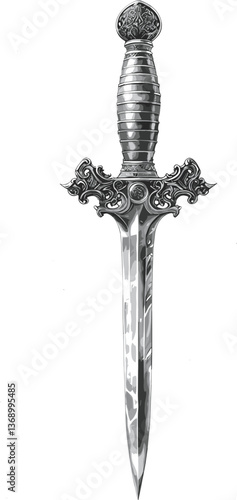 ornamental sword with a decorative hilt, showcasing elegance and craftsmanship sketch engraving generative ai raster illustration. Scratch board