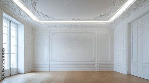 Aesthetic scene in neoclassical style with moldings and decorative accents. Classical room interior design with empty light wall background for art or moodboard mockup. Bare room without furniture. AI