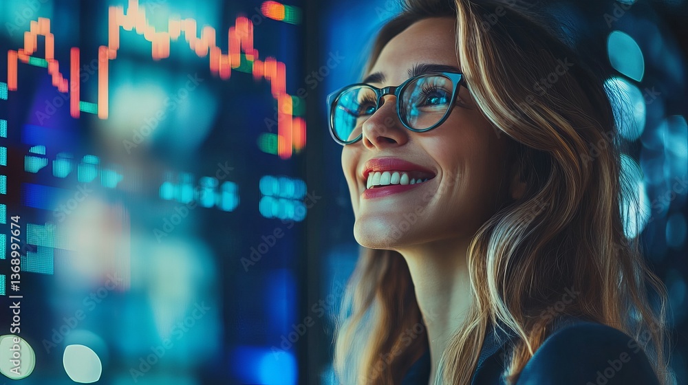 Woman investing in stocks happy with stock market performance and financial growth in the stock exchange Woman investing in stocks happy with stock market performance and financial growth in the stock exchange