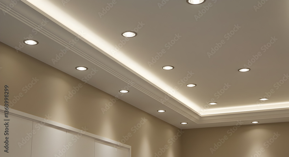 Fototapeta premium Refined interior ceiling design featuring recessed lighting and architectural molding