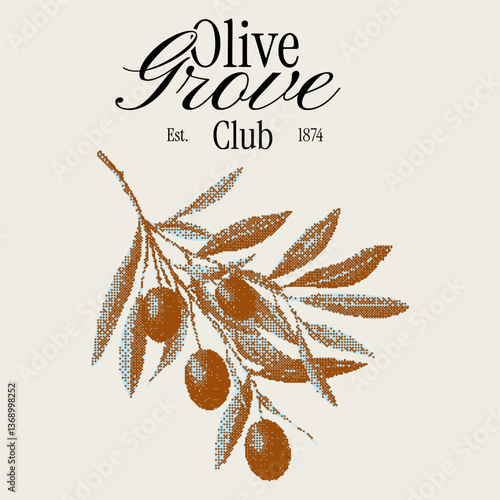 Olive branch harvest. Italian or Greek vector illustration for t-shirt print, invitations, menus, greeting cards with text slogan. Dotted texture mediterranean summer halftone clipart. Dolce vita aest