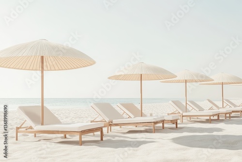Wallpaper Mural Serene beach view with lined sun loungers and umbrellas on sandy shore Torontodigital.ca