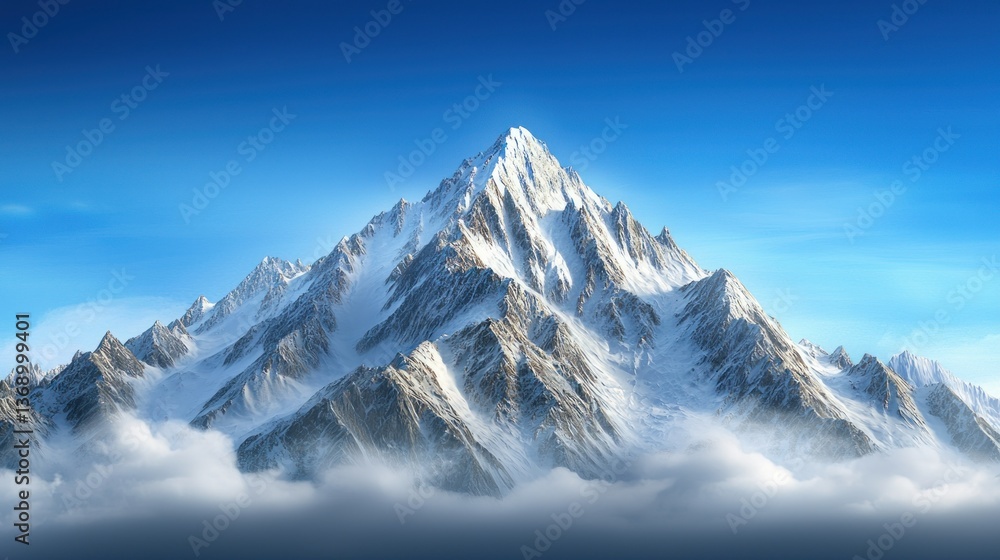 Obraz premium Majestic Snow-Capped Mountain Peak Soaring Above Clouds Under a Vivid Blue Sky