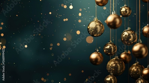 Glittering gold Christmas ornaments hanging against dark green background with blurred lights