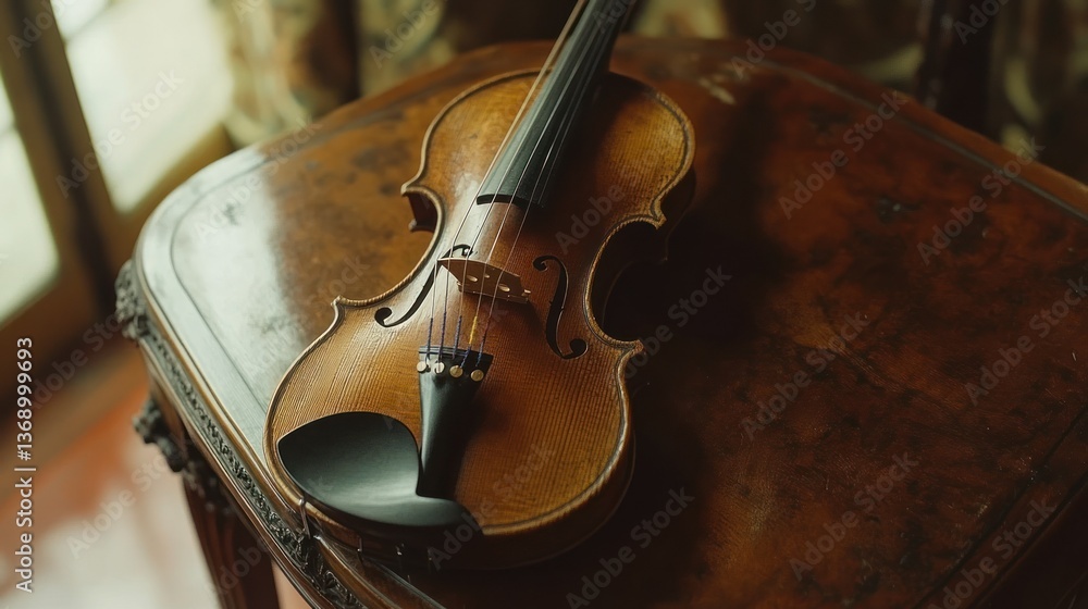 Fototapeta premium A violin rests on a wooden table, capturing a classic and musical ambiance.