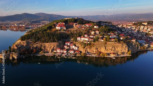 Drone shot of Kaneo Lake Ohrid waterfront
