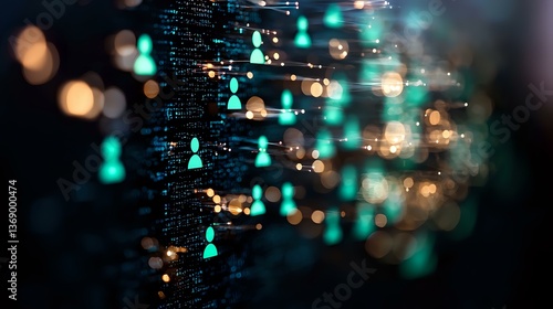 Wallpaper Mural Futuristic network visualization with glowing turquoise user icons and golden bokeh lights against dark background, representing social connectivity and data flow. Torontodigital.ca