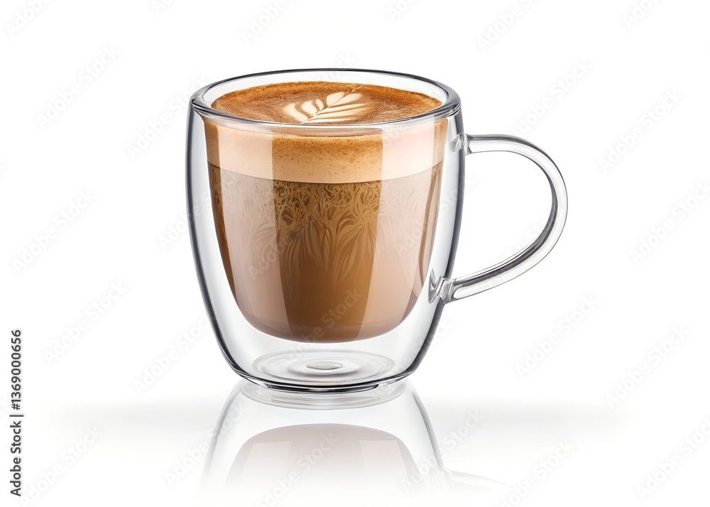 Latte in Glass Cup: The image shows a warm latte in a clear glass cup, showcasing the rich coffee color, fluffy milk foam with latte art, and an appealing transparent design. Latte in Glass Cup: The image shows a warm latte in a clear glass cup, showcasing the rich coffee color, fluffy milk foam with latte art, and an appealing transparent design.