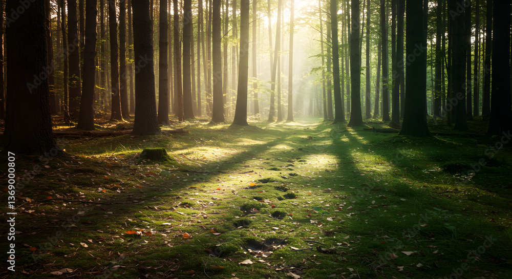Obraz premium Sunlit Pathway Through Dense Woodland with Faint Deer Tracks on Mossy Ground
