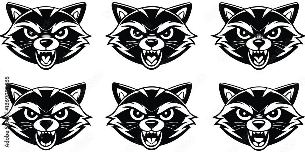 silhouette of angry raccoon cartoon head vector bundle design on white a background. silhouette of angry raccoon cartoon head vector bundle design on white a background.
