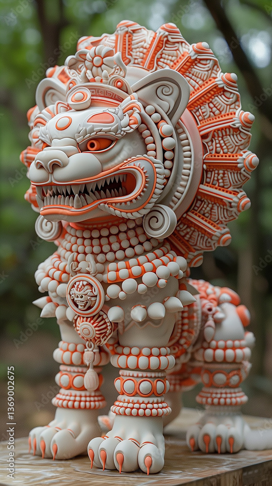 Fototapeta premium ntricate Aztec-inspired guardian lion statue, highly detailed, adorned with tribal patterns, beads, and fierce expression. White and orange ceramic-like finish.