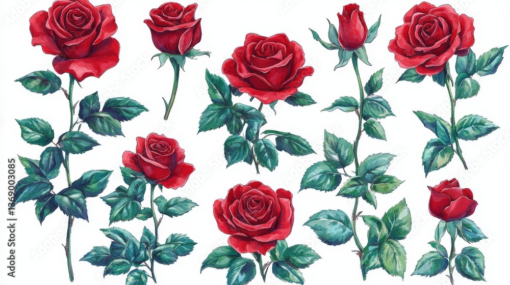 Naklejka premium image-created watercolor roses, each isolated on a transparent background