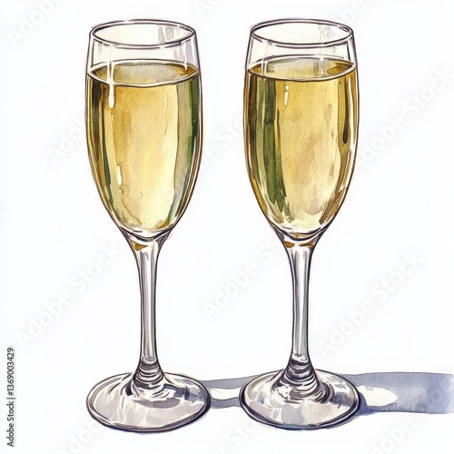 A transparent background featuring a champagne flute in watercolor style, produced by  modern