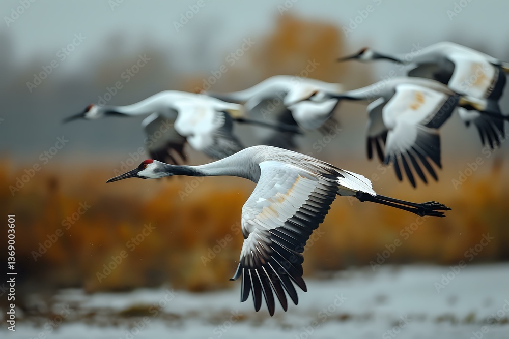 Fototapeta premium Majestic common cranes in flight during autumn migration, wings spread against blurred natural background showing graceful movement and synchronized flying pattern.