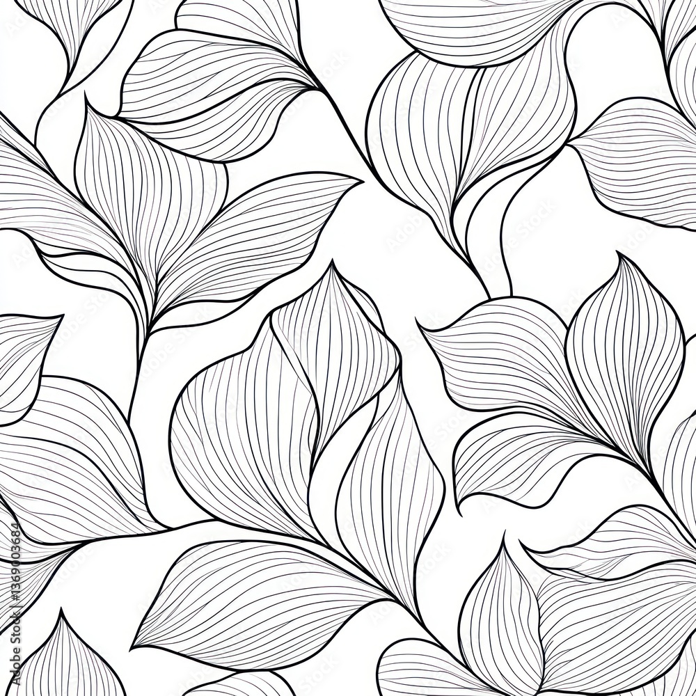 Line art floral pattern, leaves design, white background, textile print Line art floral pattern, leaves design, white background, textile print