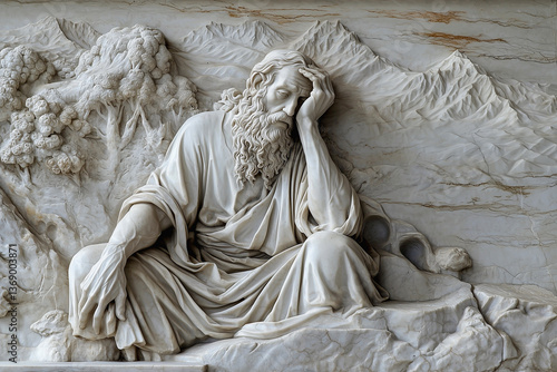 Biblical Old Testament story: the sorrowful Moses before his death saw, but did not enter, the Promised Land.