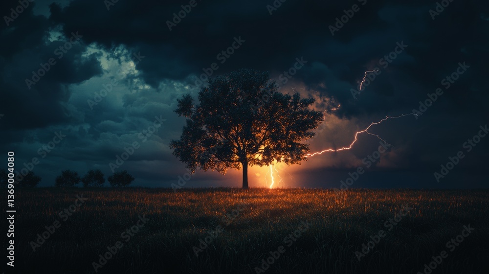 Fototapeta premium tree in a meadow on a cloudy night with lightning
