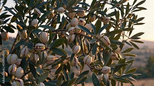 Pistachio tree with ripe nuts against a sunset background  
