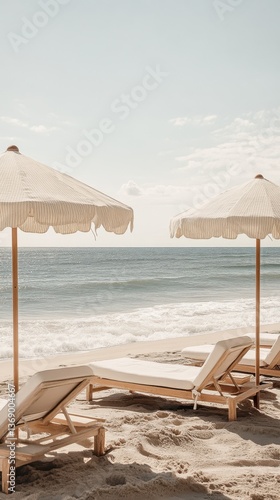 Tranquil beach scene with sun loungers and umbrellas by the ocean