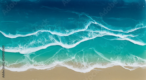 Abstract aerial view of ocean waves washing onto a sandy shore artwork