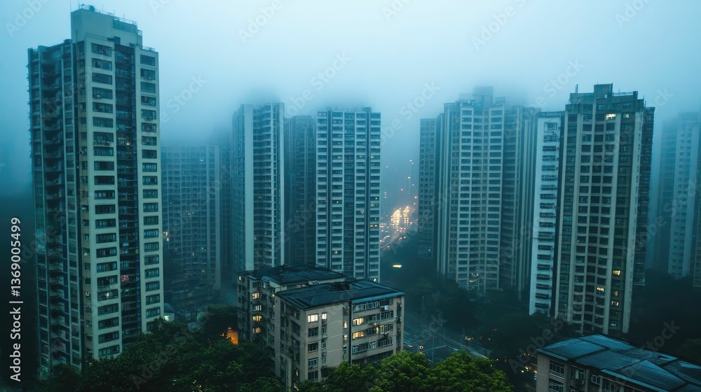 Obraz premium Foggy city skyline, high-rise buildings, night.