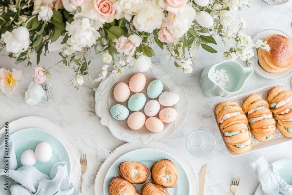 Elegant spring brunch table with pastel eggs and pastries Elegant spring brunch table with pastel eggs and pastries