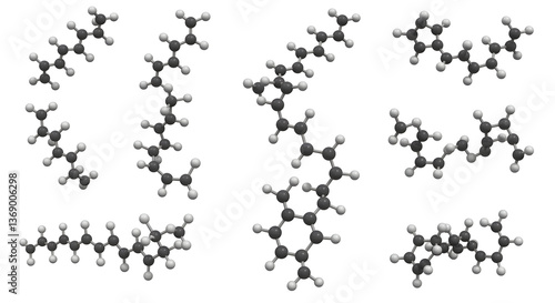 Molecular structure diagrams showcasing various organic molecules models for scientific illustration