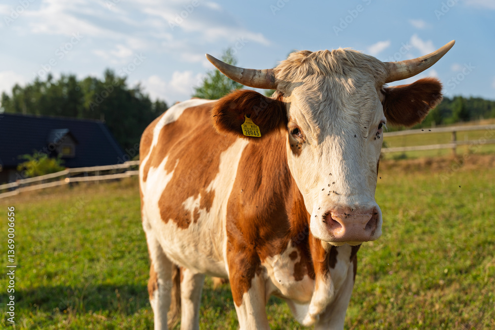 Single brown and white cow with horns on green pasture. Farm animal concept. Portrait of an animal, eco farming. Single brown and white cow with horns on green pasture. Farm animal concept. Portrait of an animal, eco farming.